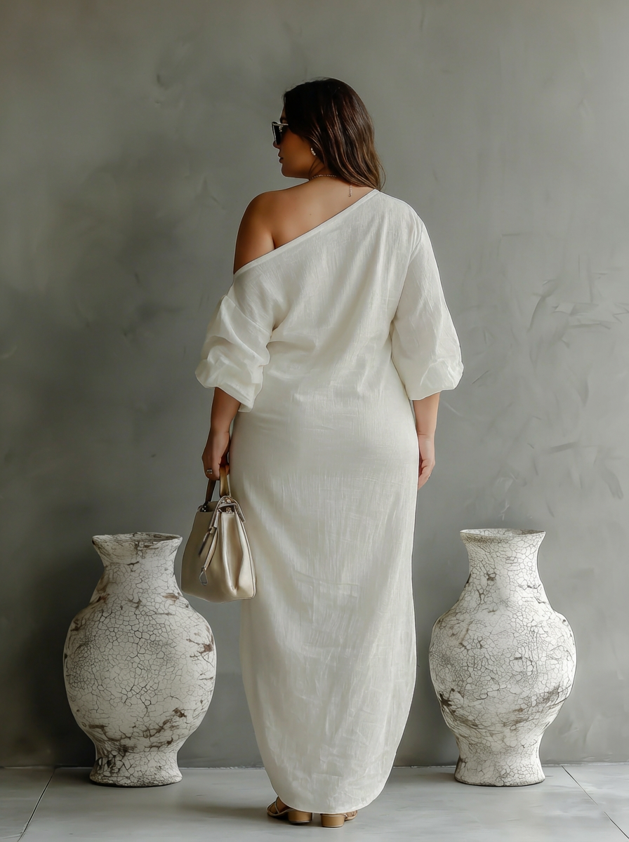 Elegantti Valuva Mekko Ivory Valkoisena Olkapäiltä