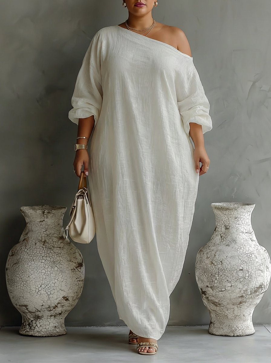 Elegantti Valuva Mekko Ivory Valkoisena Olkapäiltä