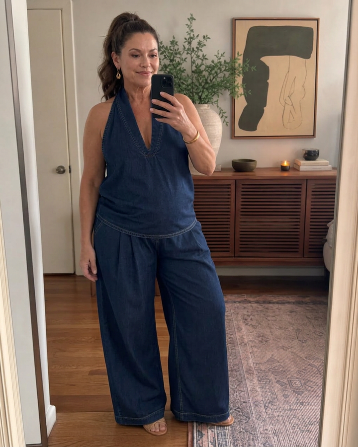 Opaline | Kaula-aukko Denim Toppi ja Lievät Housut Setti