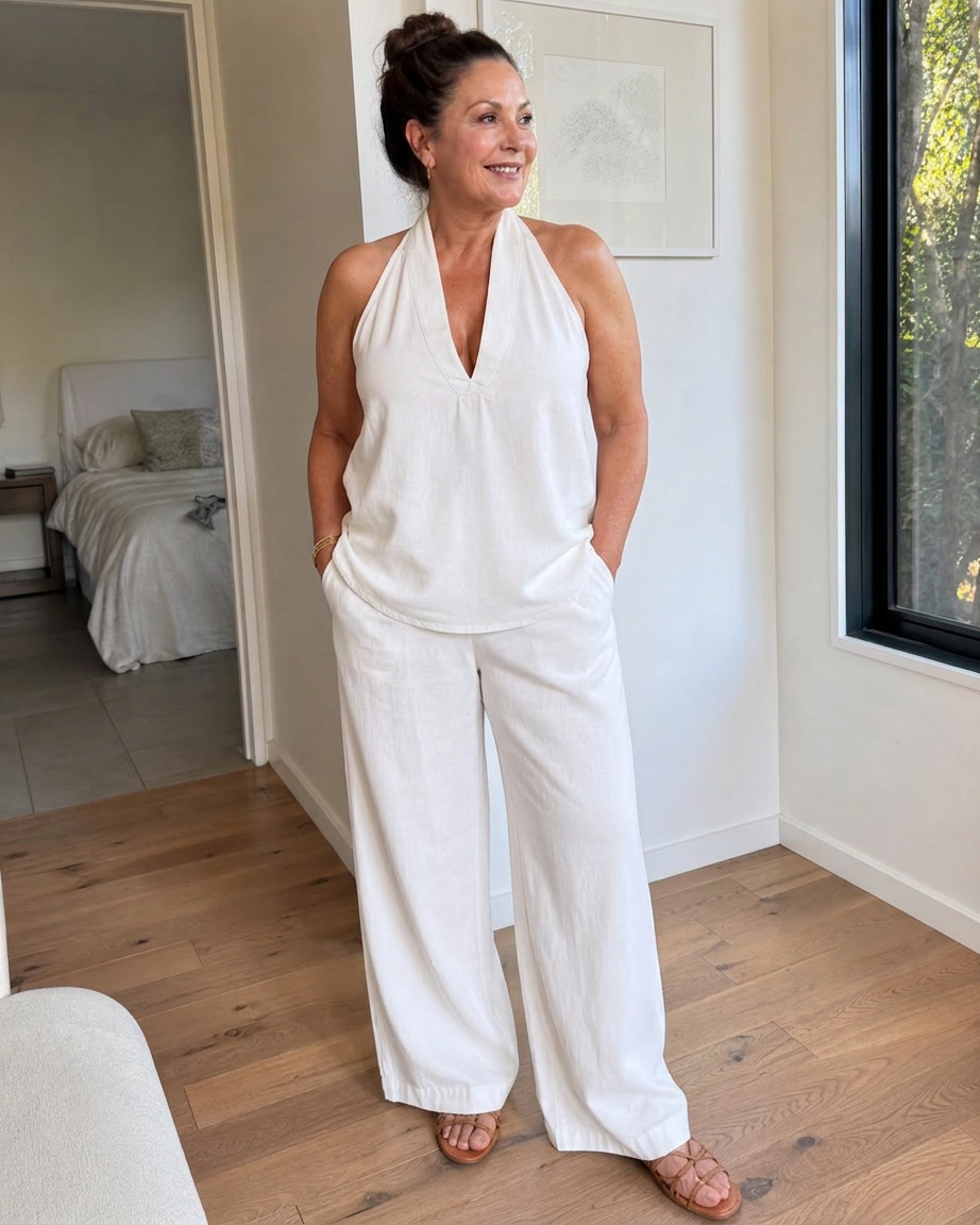 Opaline | Kaula-aukko Denim Toppi ja Lievät Housut Setti