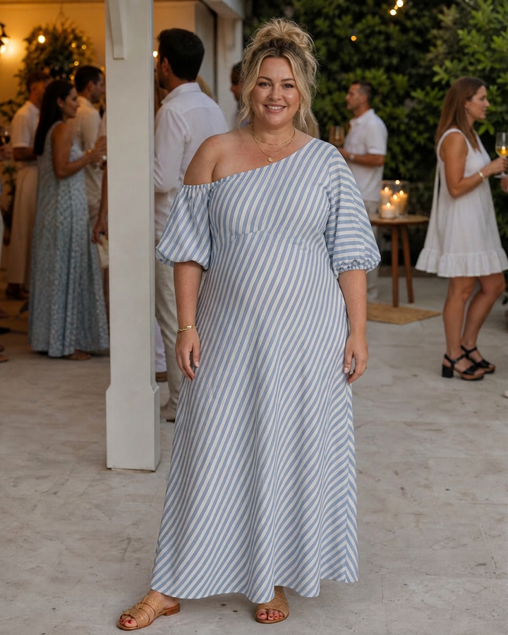 Seraphina | Raidallinen Olkaimeton Puffi Hiha Midi Mekko