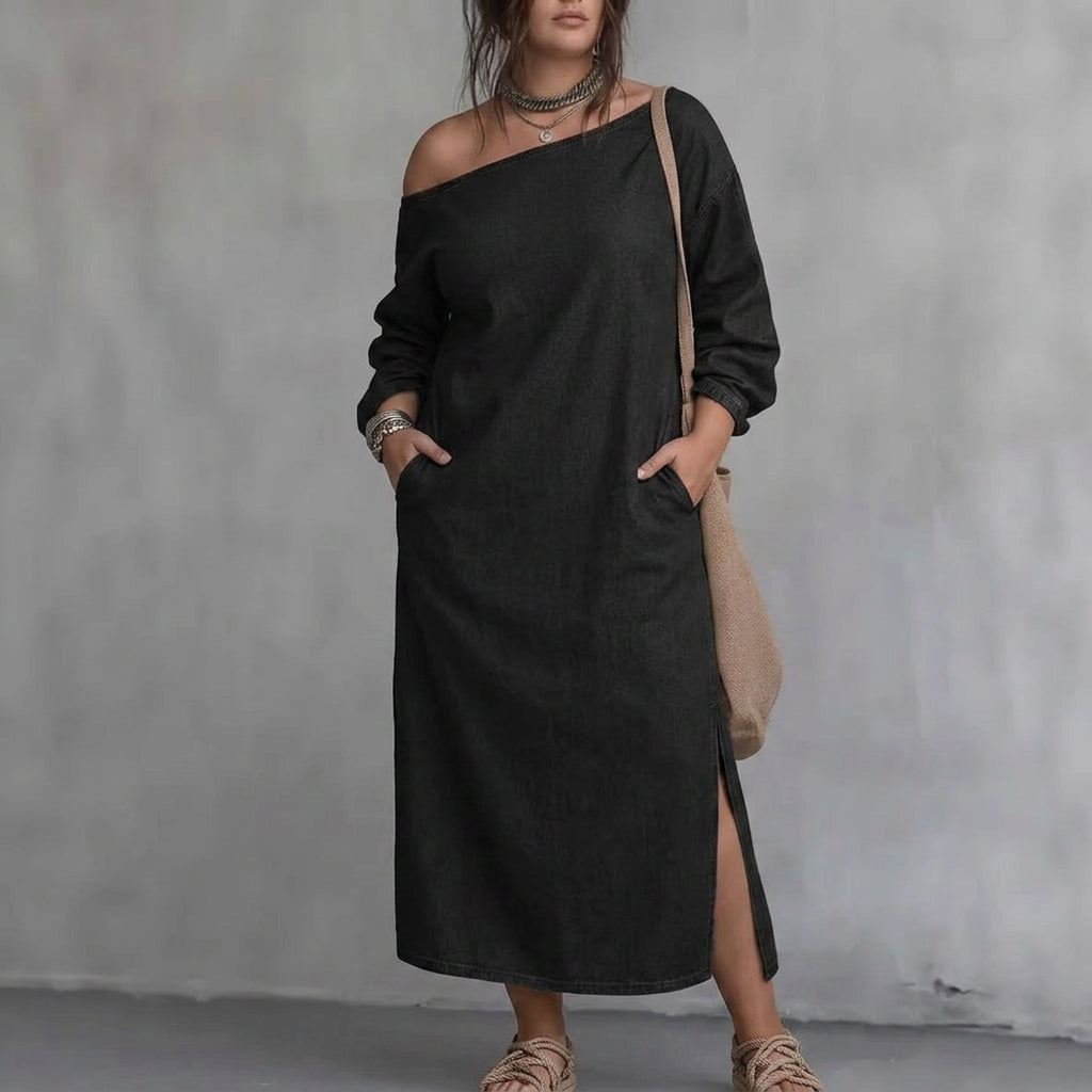Kaia Olkapäiltä Avattu Halkio Mekko: Moderni Minimalistinen Eleganssi
