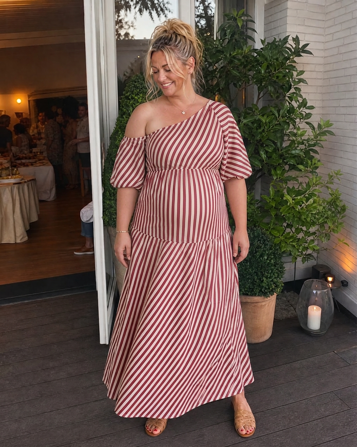 Seraphina | Raidallinen Olkaimeton Puffi Hiha Midi Mekko