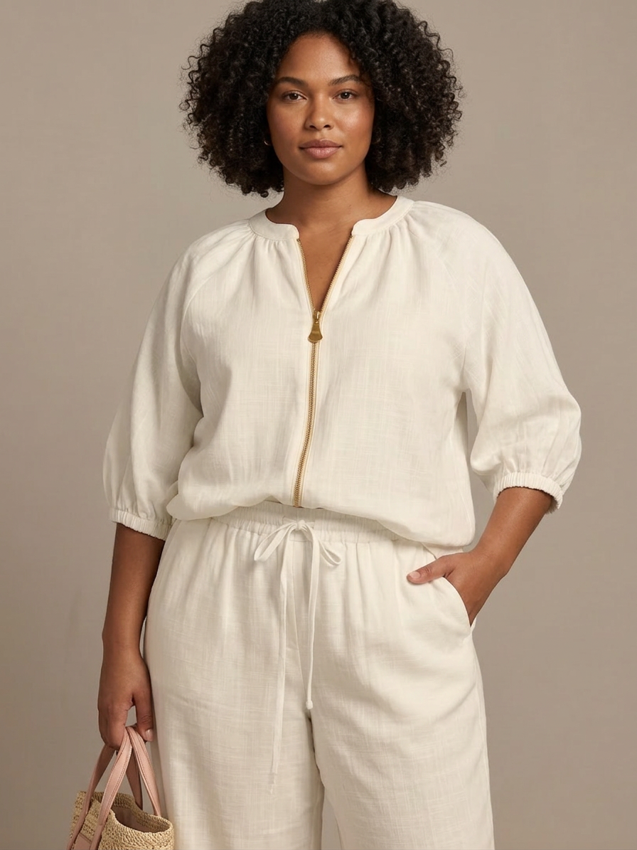 Cecily | Vetoketjufronttinen Blouson-Toppi ja Leveät Housut