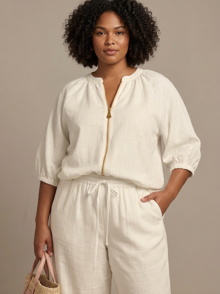 Cecily | Vetoketjufronttinen Blouson-Toppi ja Leveät Housut