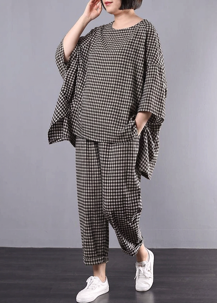 Elke - Rento Plus Size Puuvilla Pellava punainen Ruudullinen Vintage Paita ja Housut