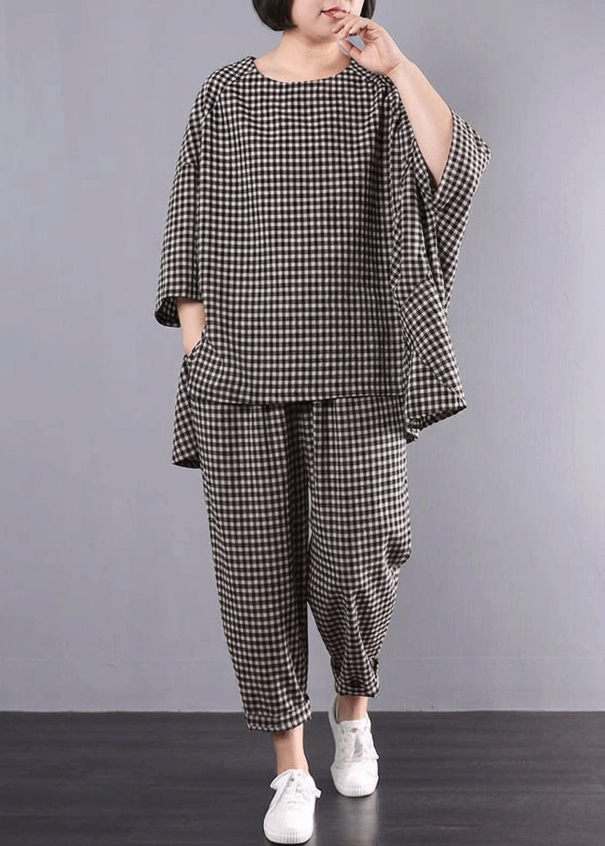 Elke - Rento Plus Size Puuvilla Pellava punainen Ruudullinen Vintage Paita ja Housut