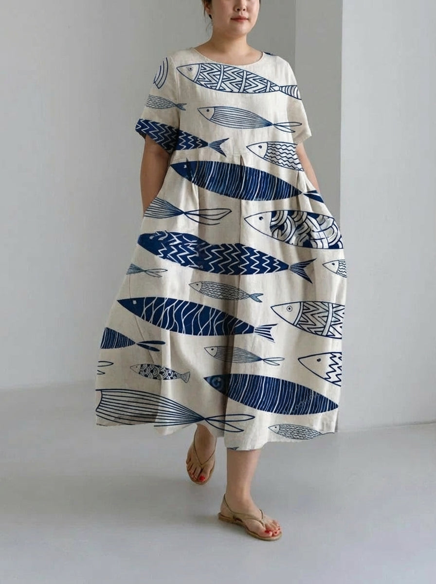 Eira | Kalaprintti Rentomallinen Pyöreä Kaula Medium Pituinen Hame Mekko