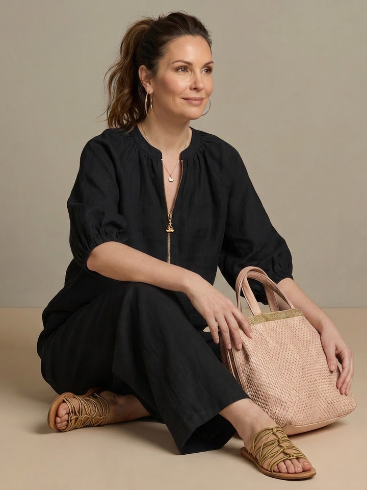Cecily | Vetoketjufronttinen Blouson-Toppi ja Leveät Housut