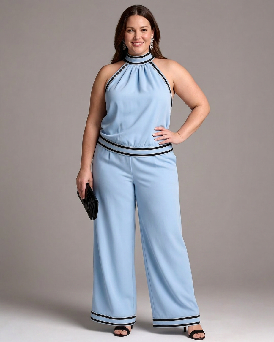 Saffron | Kontrastivärinen Halterneck Laaja Jumpsuit