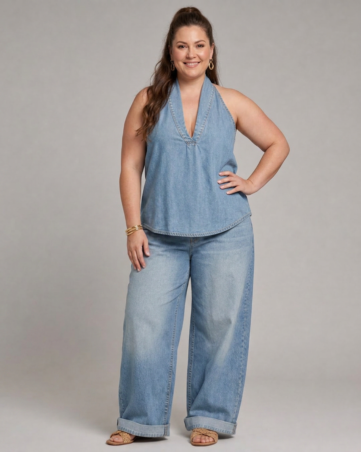 Opaline | Kaula-aukko Denim Toppi ja Lievät Housut Setti