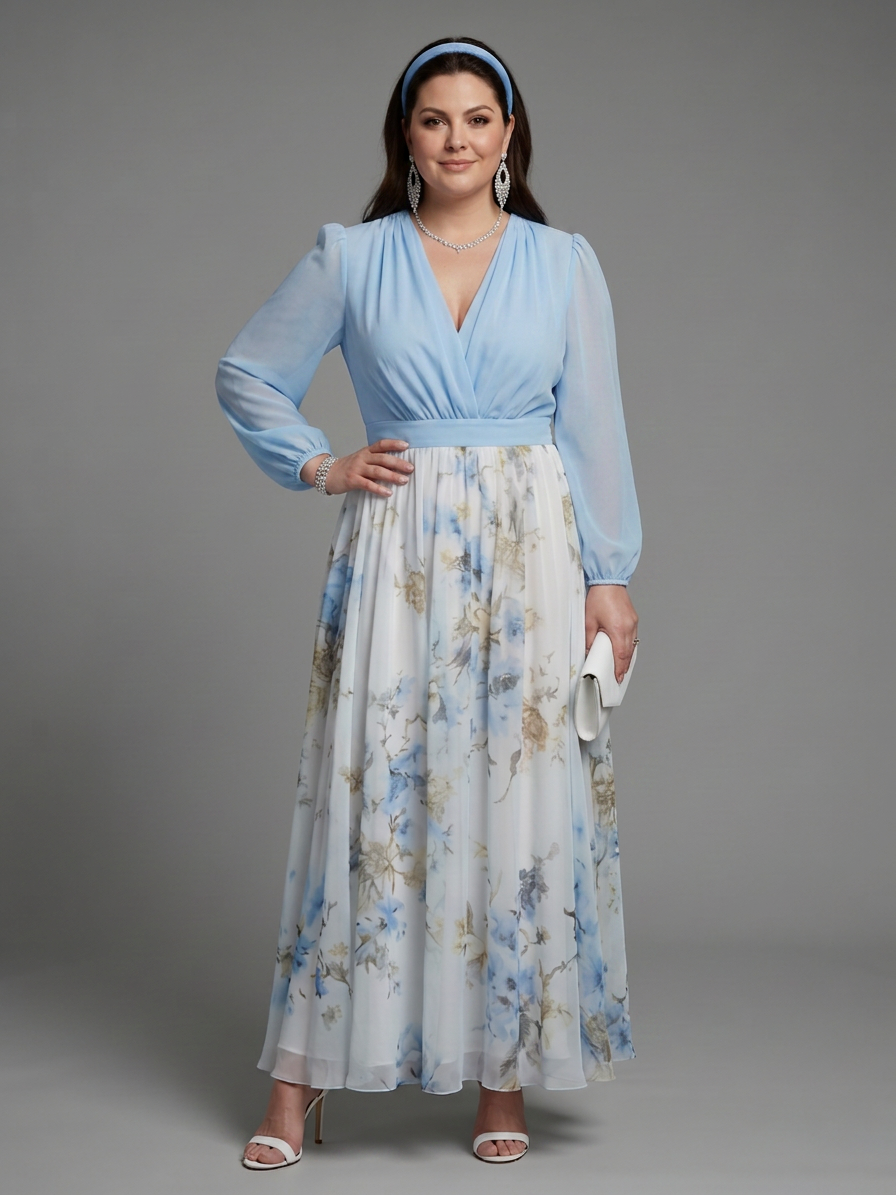 Nia | V-aukko Sheer Bodice Kukallinen Maxi Mekko