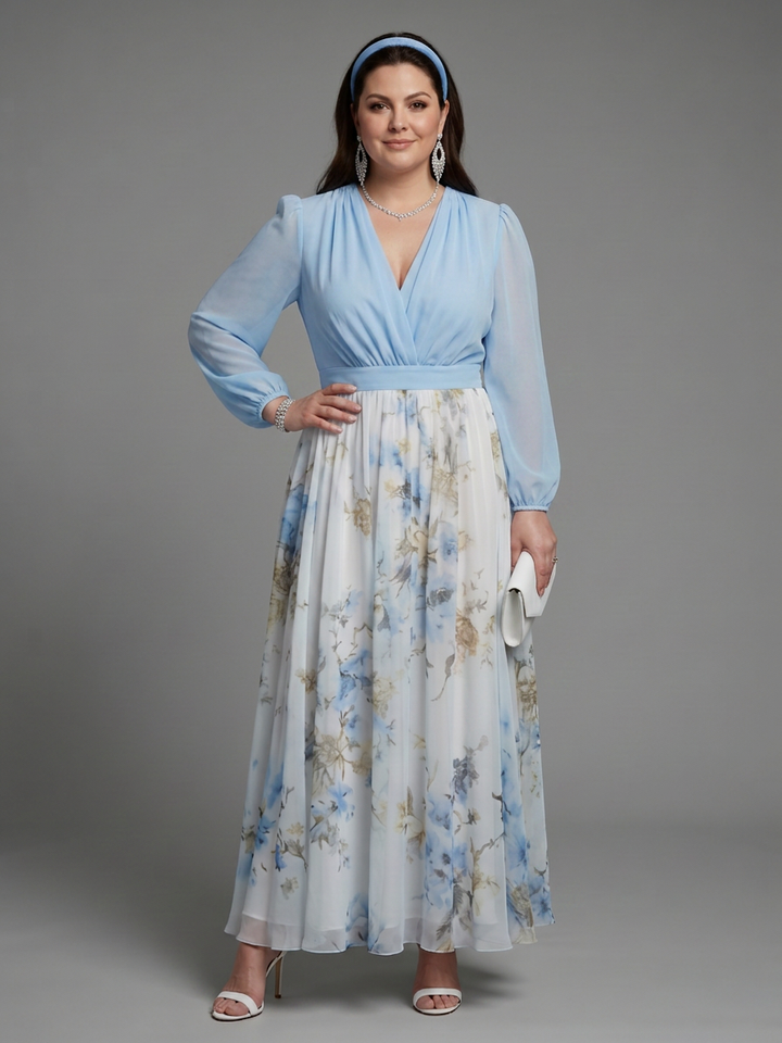 Nia | V-aukko Sheer Bodice Kukallinen Maxi Mekko