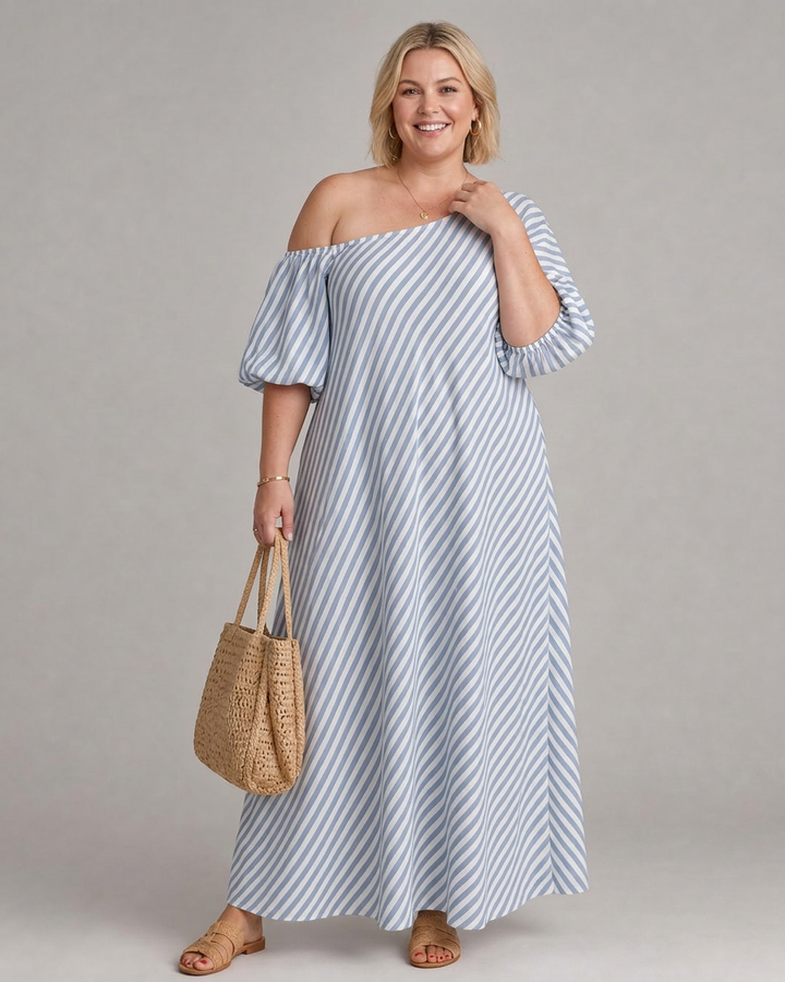 Seraphina | Raidallinen Olkaimeton Puffi Hiha Midi Mekko