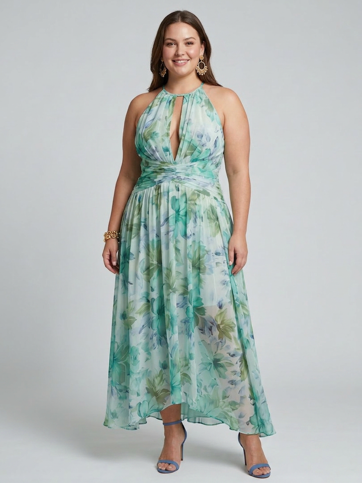 Saffron | Pleated Halterneck Pehmeä Kukkaprintti Midi Mekko