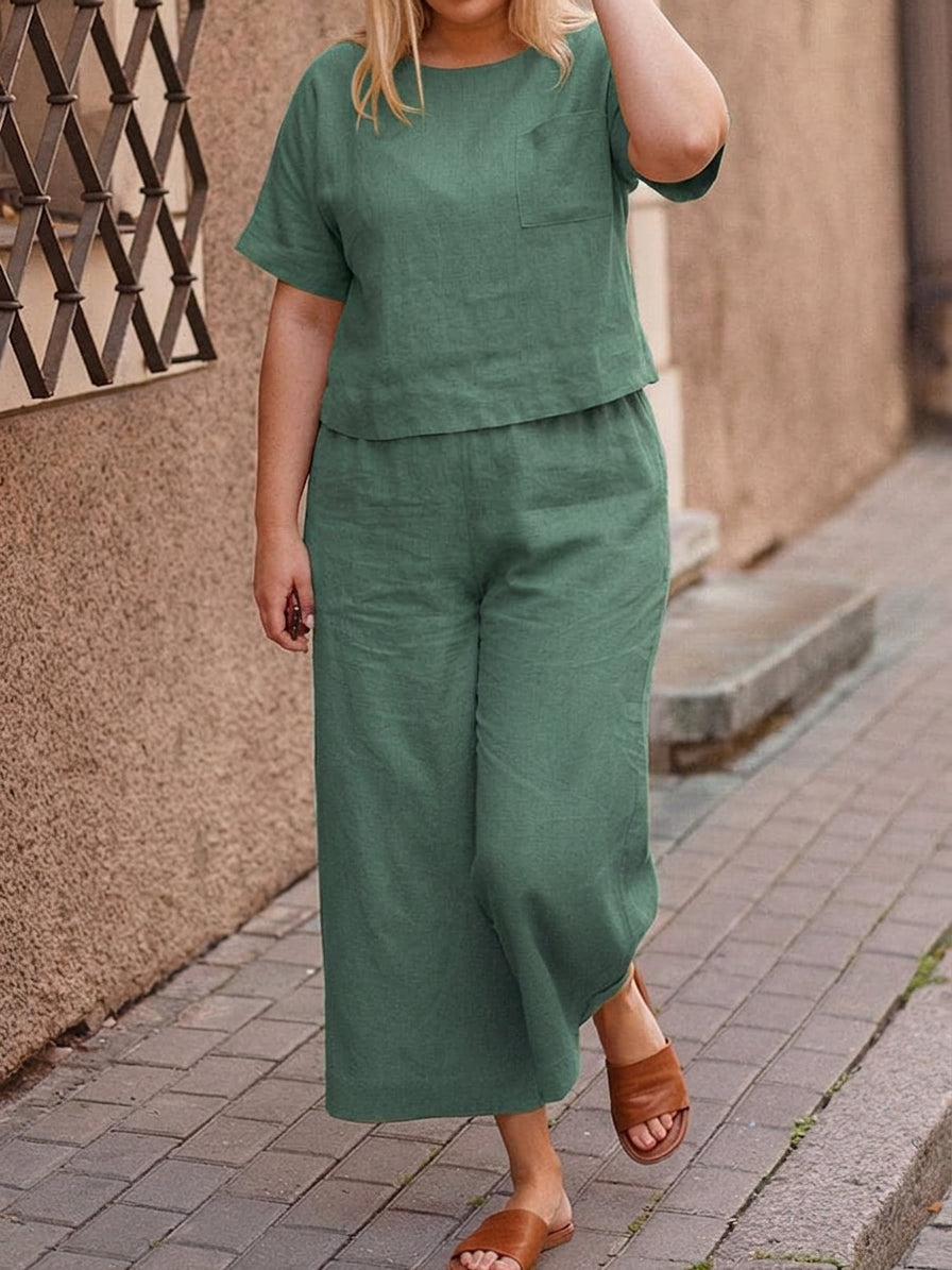 MARGUERITE - NAISTEN YKSIVÄRINEN CROPTOP &amp; Housut SETTI