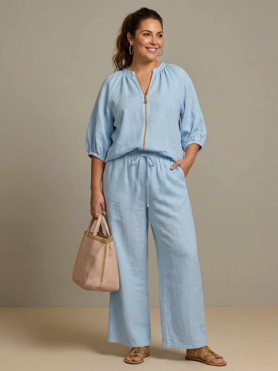 Cecily | Vetoketjufronttinen Blouson-Toppi ja Leveät Housut