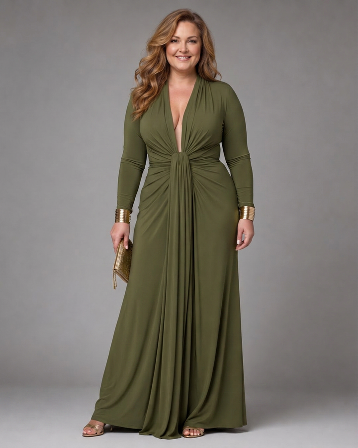 Vienne | Draped Deep V Neck Long Sleeve Maxi Dress