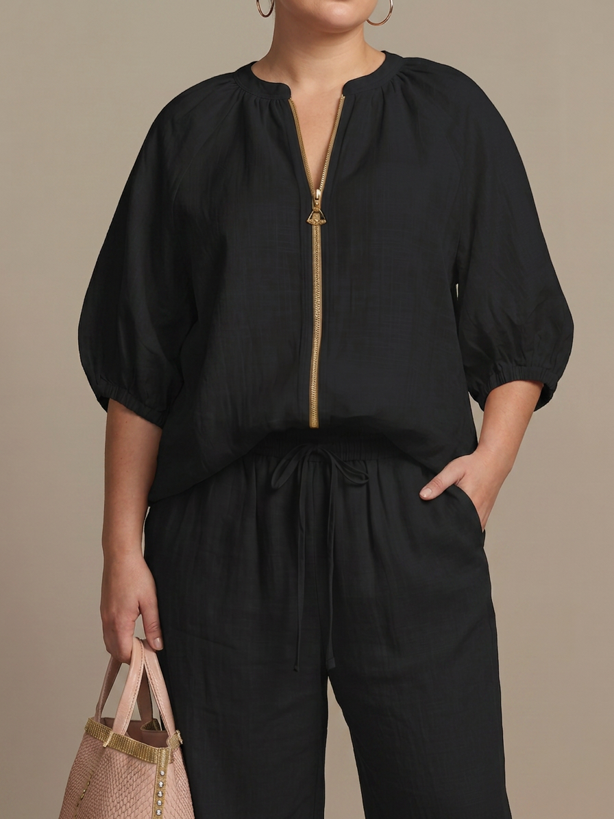 Cecily | Vetoketjufronttinen Blouson-Toppi ja Leveät Housut