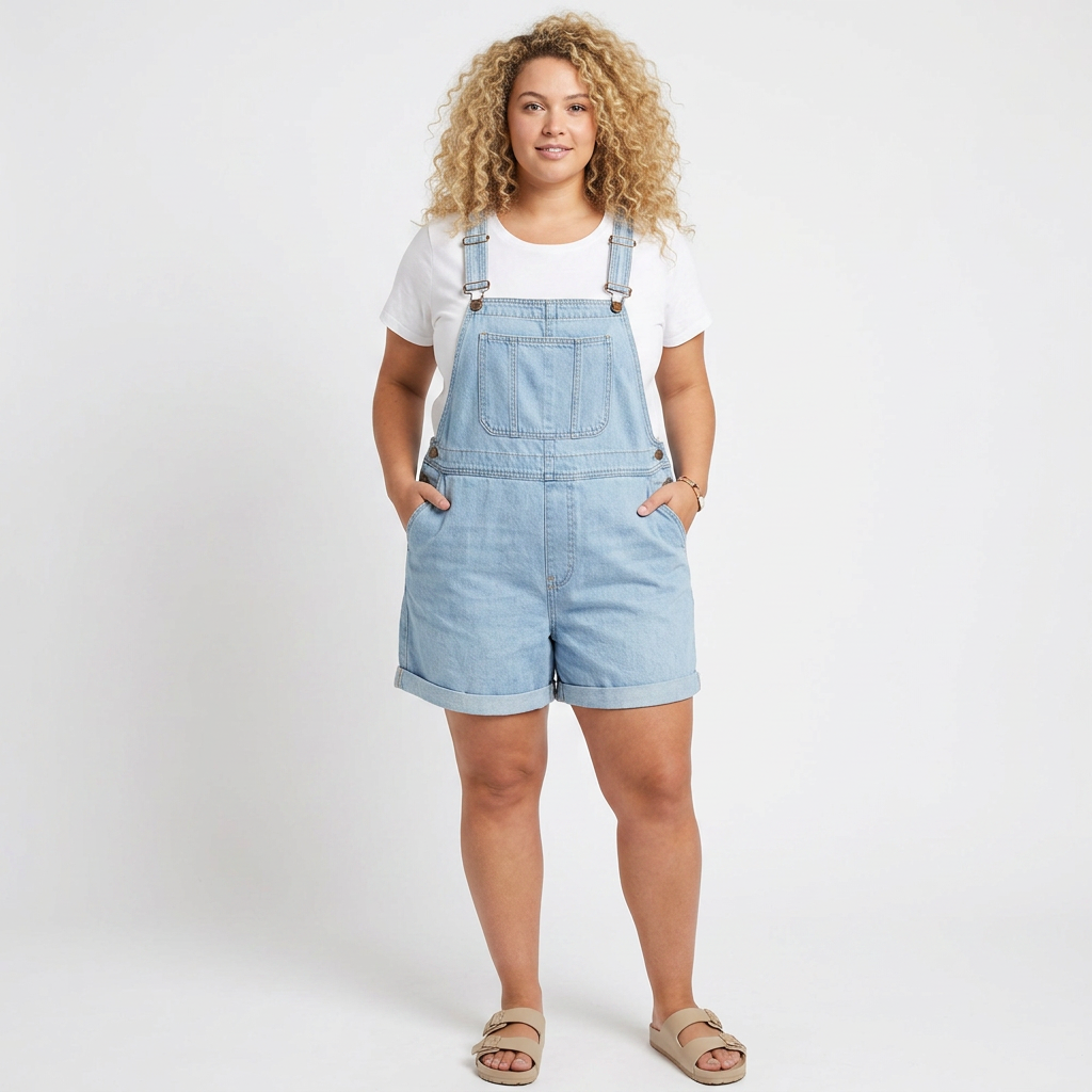 Romaine | Vintage Pesty Pehmeä Puuvillan Tuntu Denim Lyhyt Overall Vaaleansininen