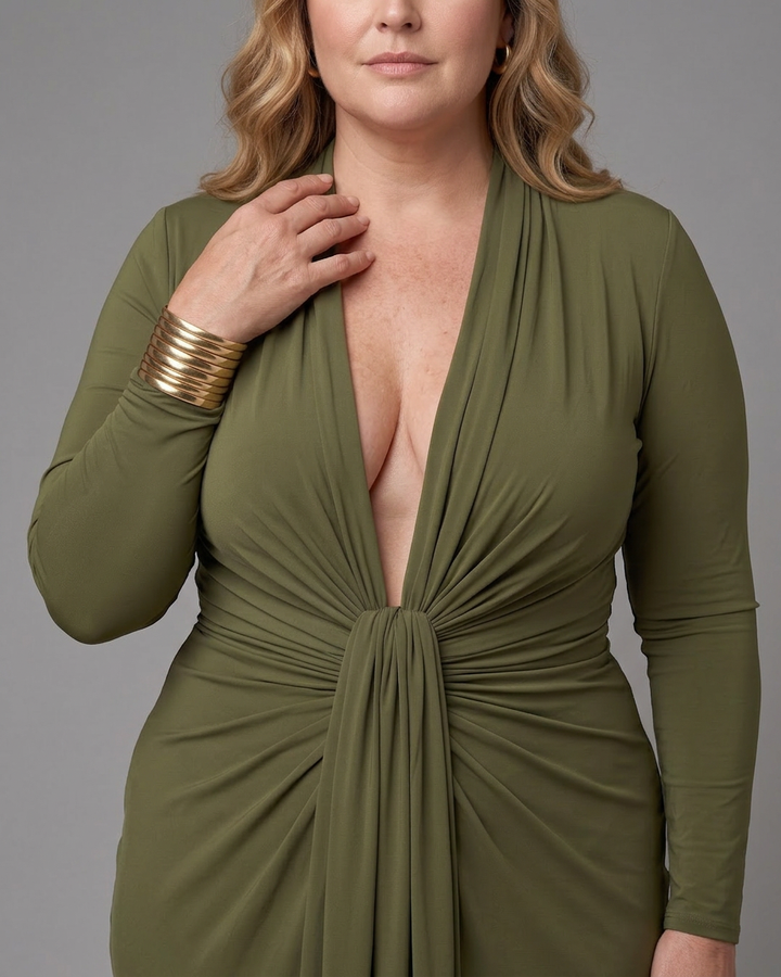 Vienne | Draped Deep V Neck Long Sleeve Maxi Dress