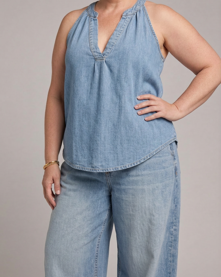 Opaline | Kaula-aukko Denim Toppi ja Lievät Housut Setti