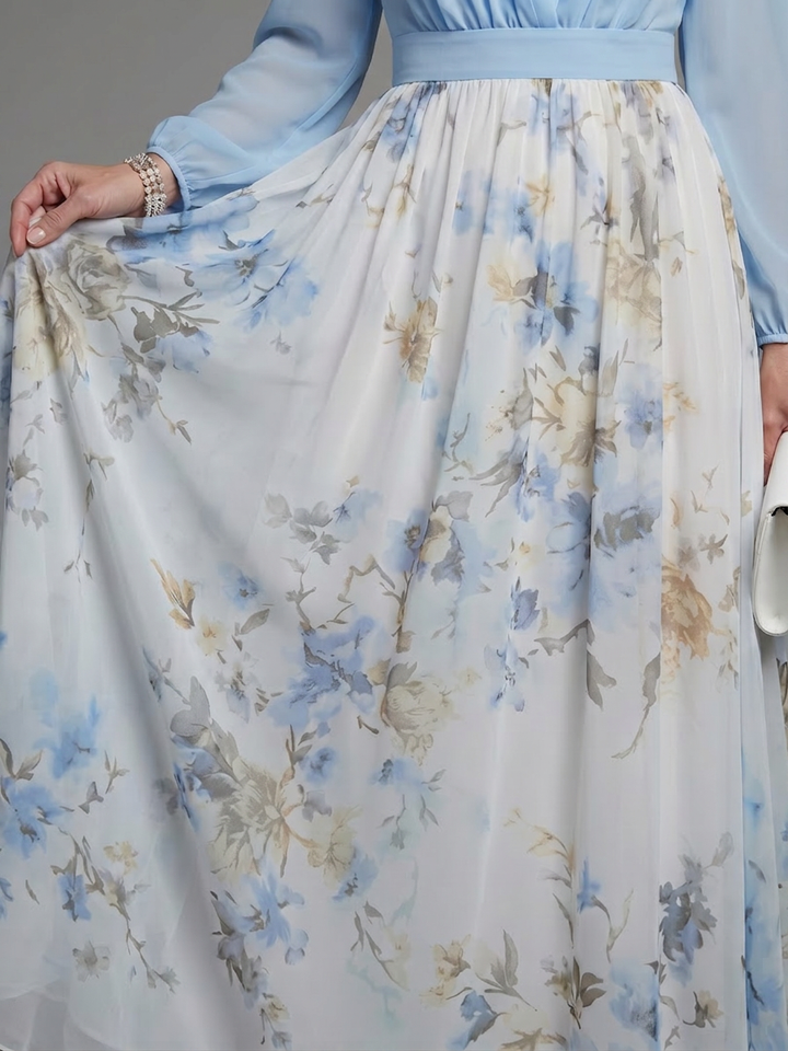 Nia | V-aukko Sheer Bodice Kukallinen Maxi Mekko