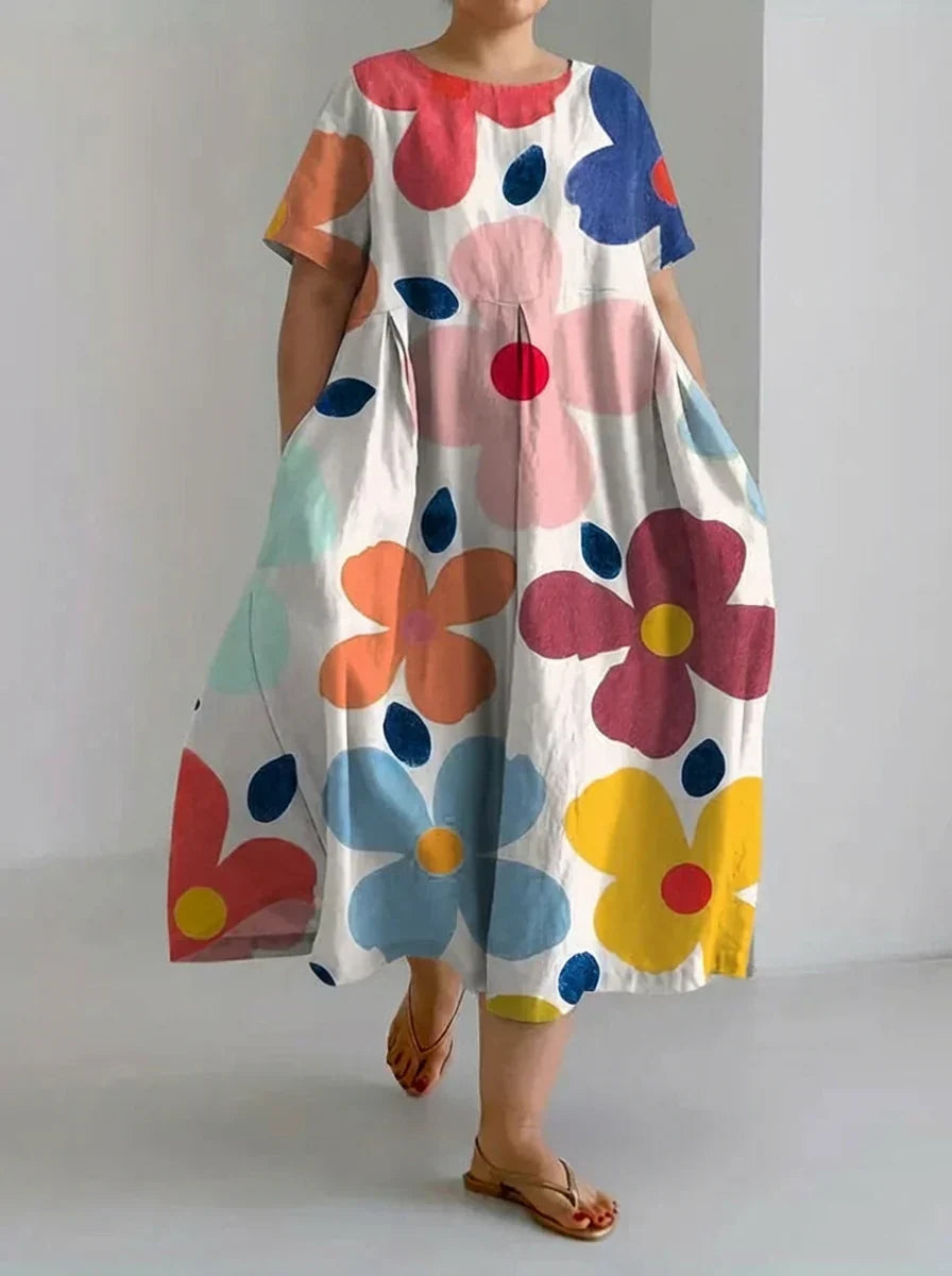 Aveline | Retro Botaninen Kukkasuunnittelu Painettu Rentohenkinen Mekko