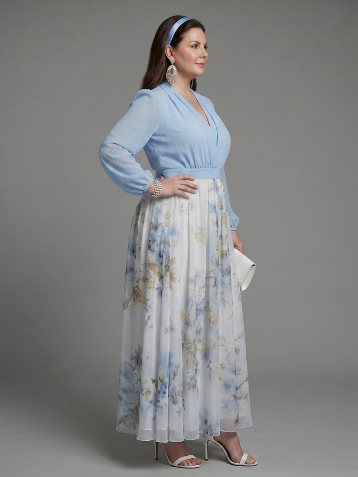 Nia | V-aukko Sheer Bodice Kukallinen Maxi Mekko