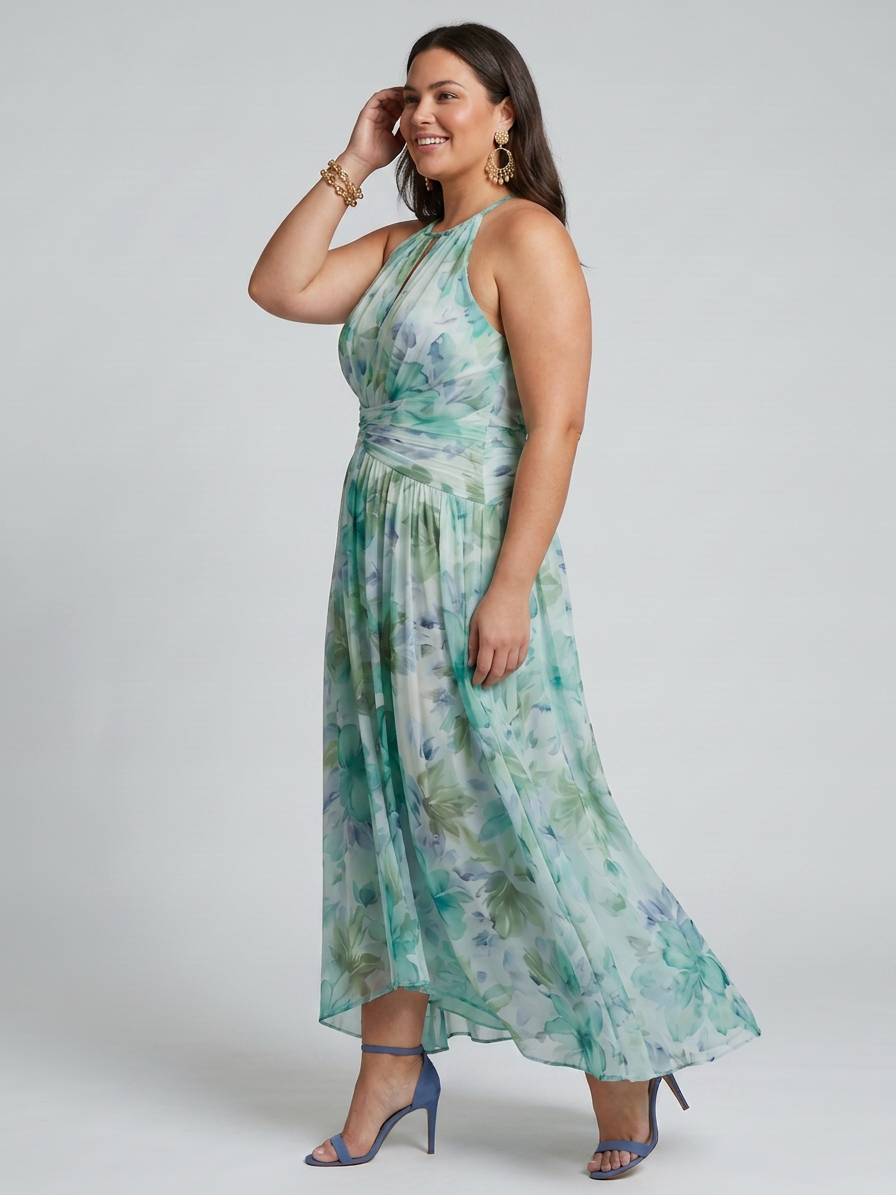 Saffron | Pleated Halterneck Pehmeä Kukkaprintti Midi Mekko