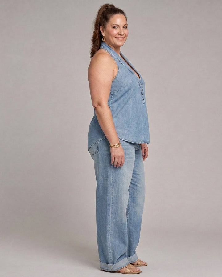 Opaline | Kaula-aukko Denim Toppi ja Lievät Housut Setti