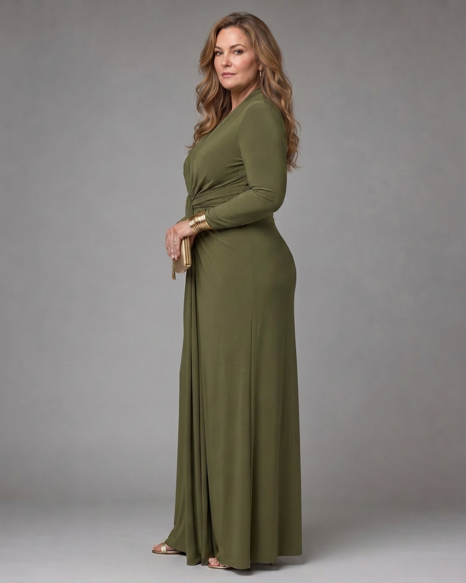 Vienne | Draped Deep V Neck Long Sleeve Maxi Dress