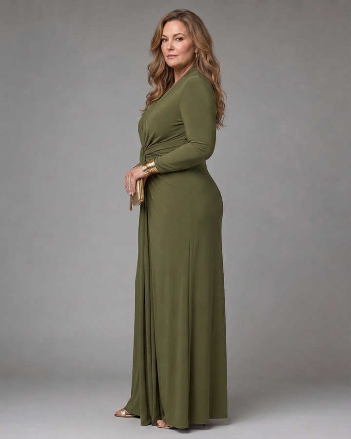 Vienne | Draped Deep V Neck Long Sleeve Maxi Dress