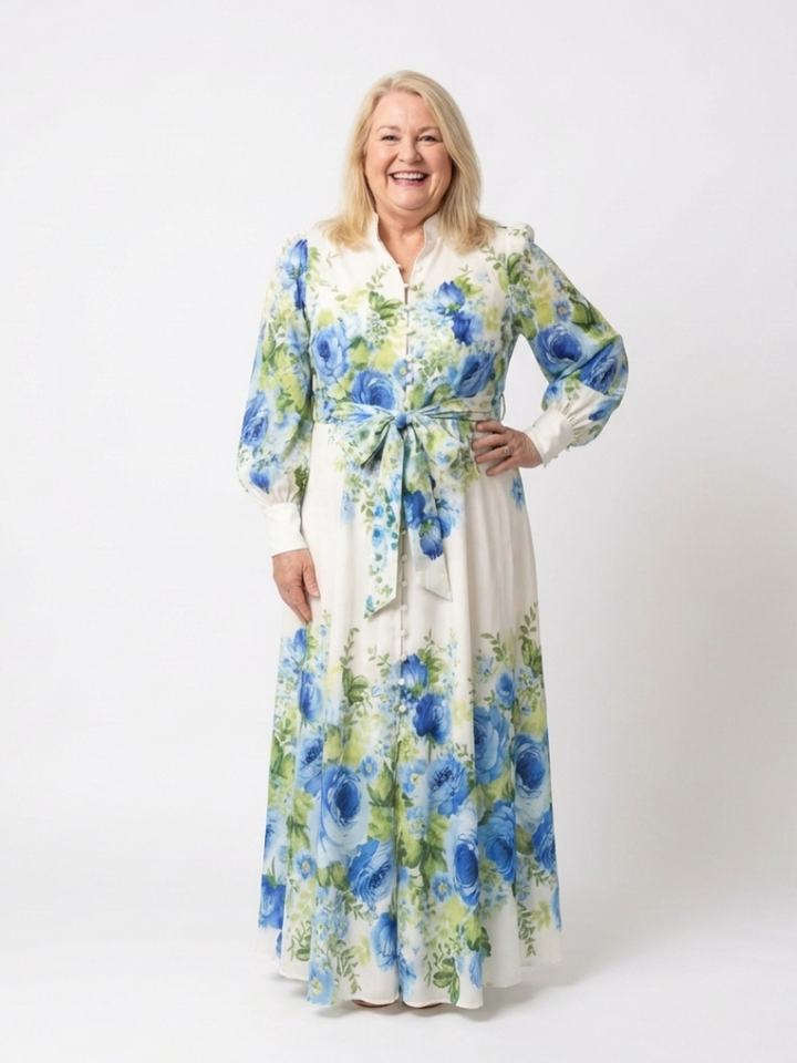 Laisa | Pitkähihaisen Kukallinen Napillinen Maxi Mekko