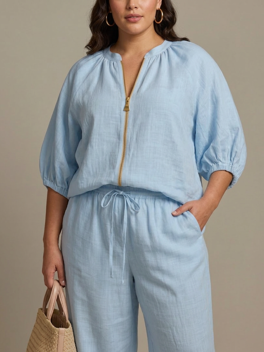 Cecily | Vetoketjufronttinen Blouson-Toppi ja Leveät Housut