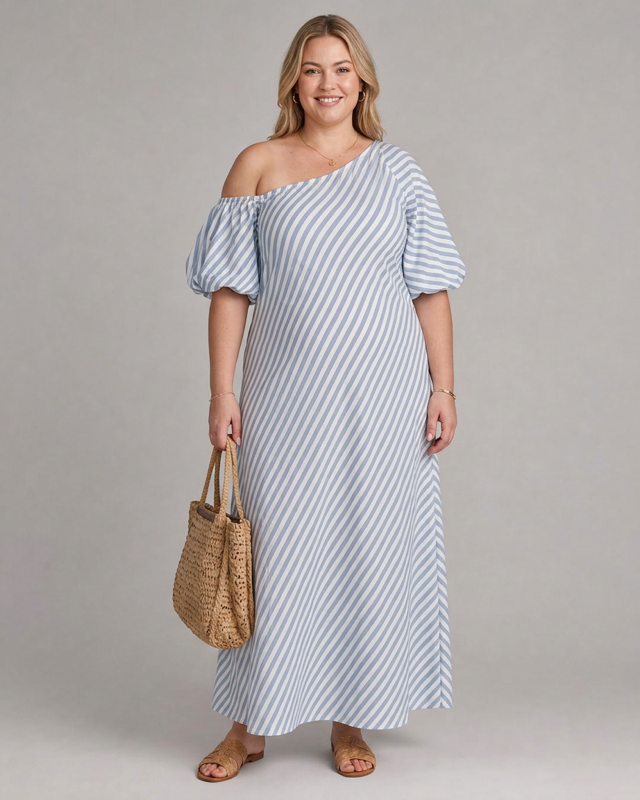 Seraphina | Raidallinen Olkaimeton Puffi Hiha Midi Mekko