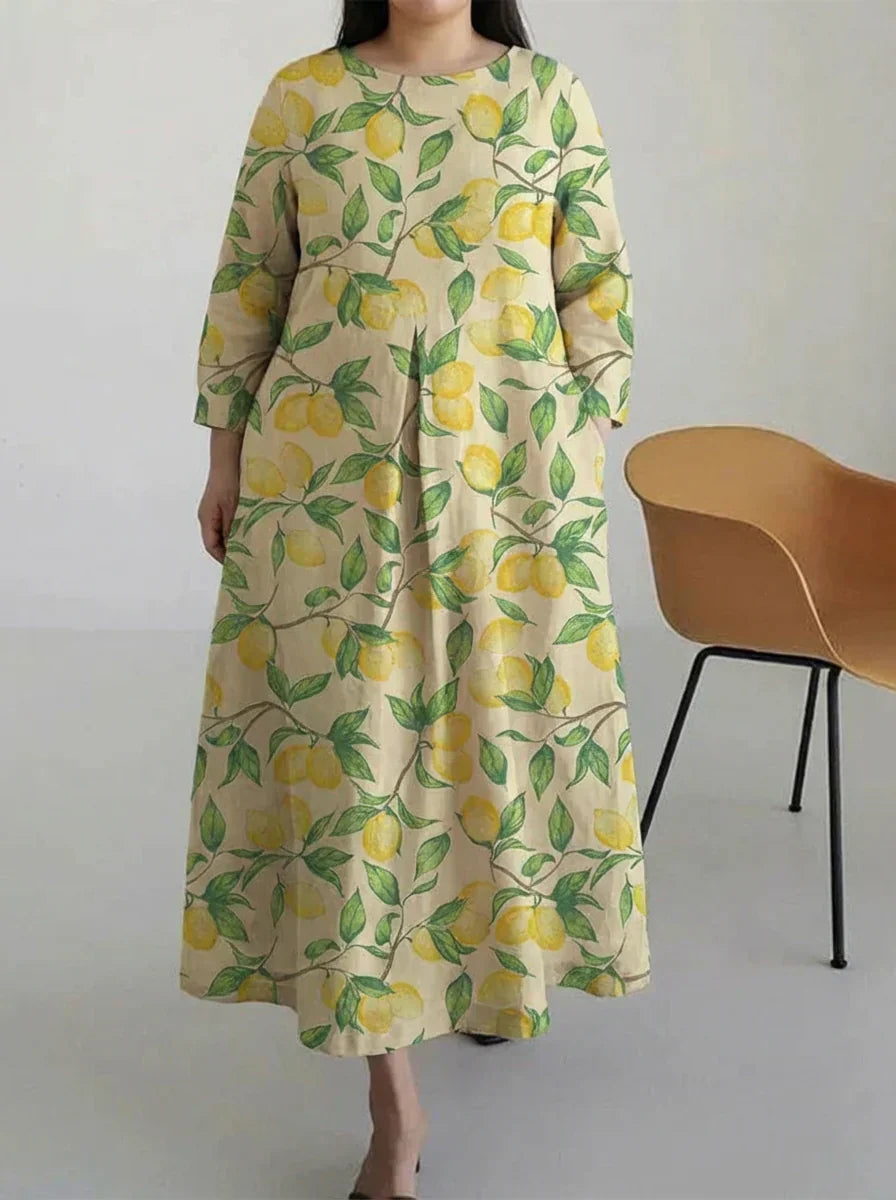 Wynne | Rentoa sitruunapuu-kuosiset pitkät hihat midi-mekko