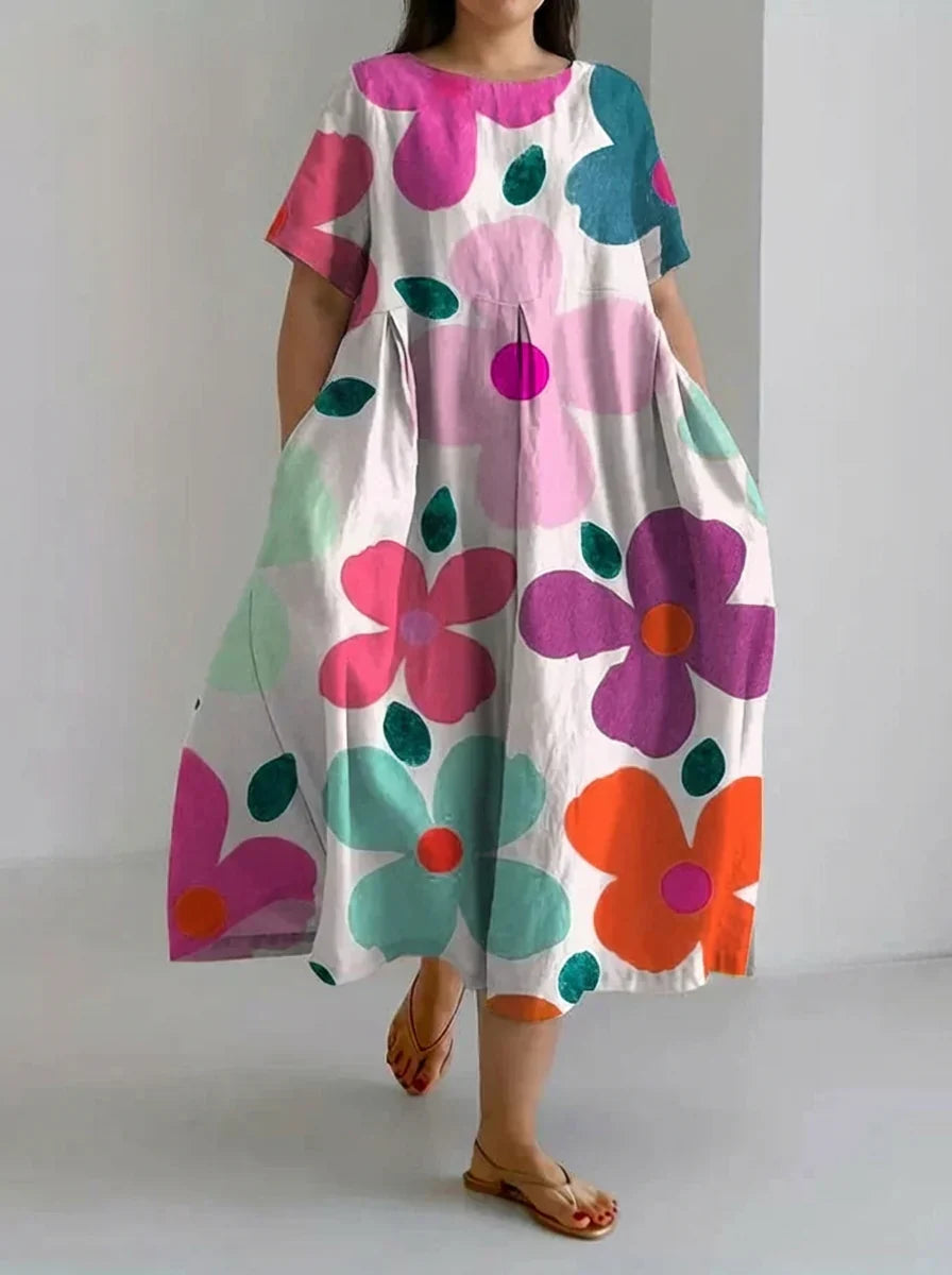 Aveline | Retro Botaninen Kukkasuunnittelu Painettu Rentohenkinen Mekko