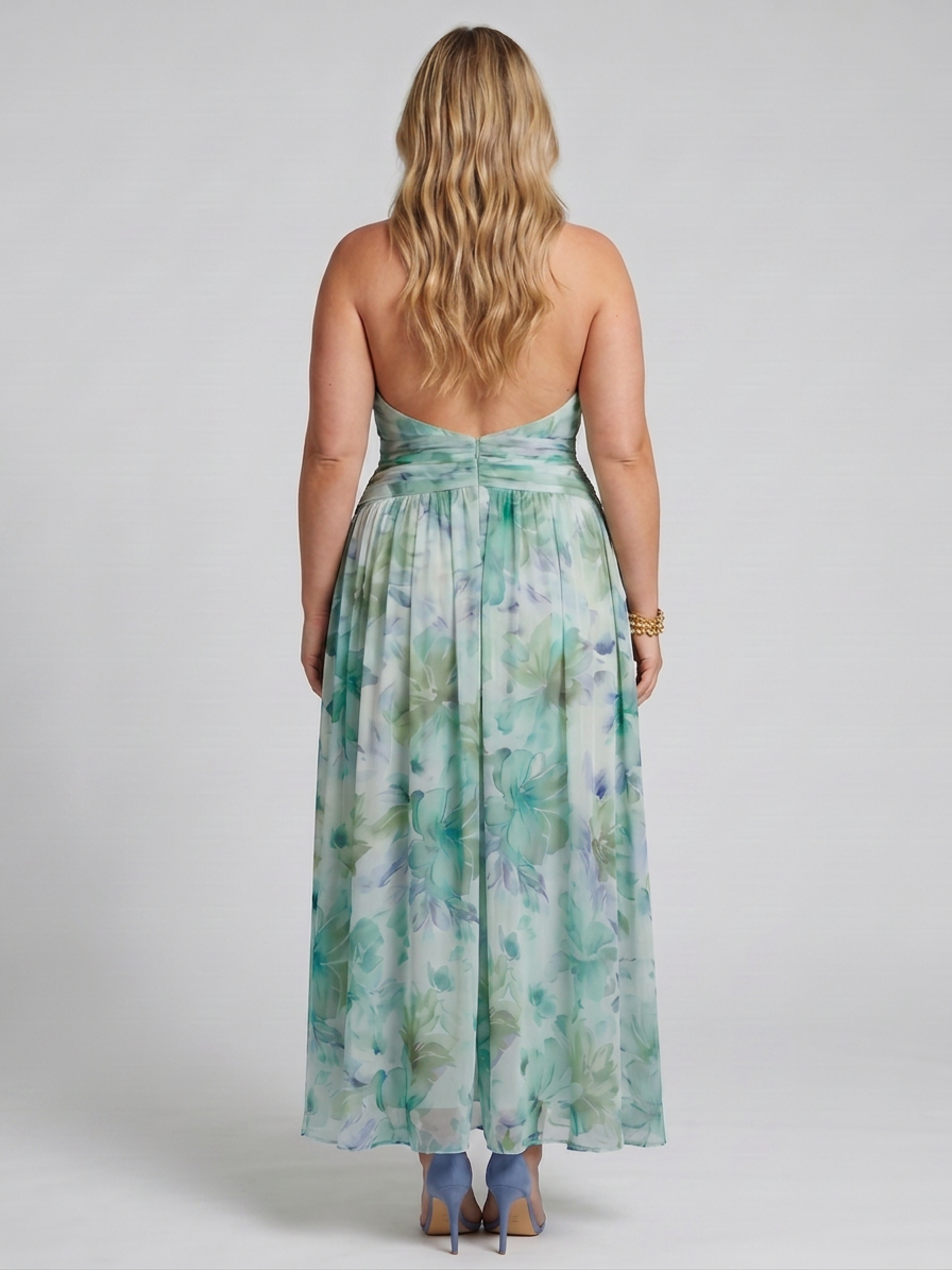 Saffron | Pleated Halterneck Pehmeä Kukkaprintti Midi Mekko