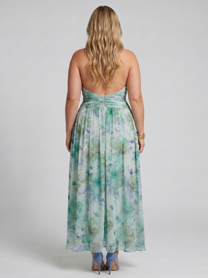 Saffron | Pleated Halterneck Pehmeä Kukkaprintti Midi Mekko