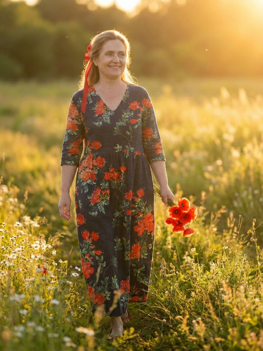 Hana | Rauhallinen Kukallinen Midi Mekko