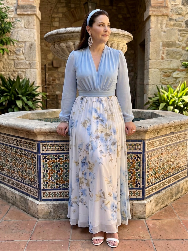 Nia | V-aukko Sheer Bodice Kukallinen Maxi Mekko