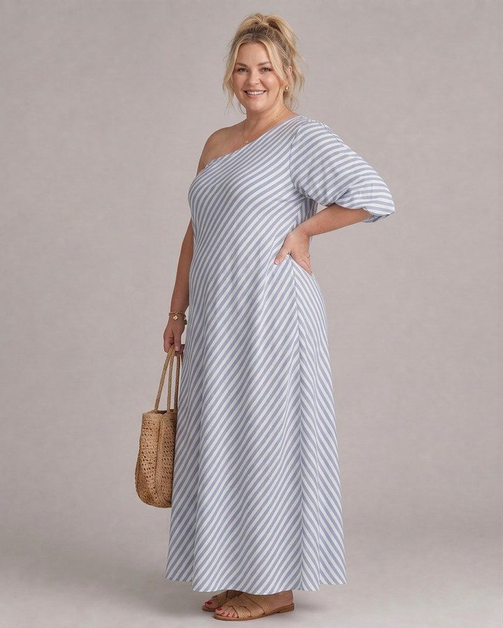 Seraphina | Raidallinen Olkaimeton Puffi Hiha Midi Mekko