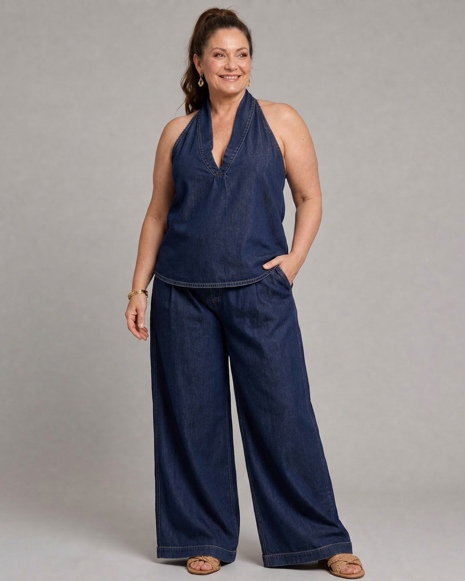 Opaline | Kaula-aukko Denim Toppi ja Lievät Housut Setti