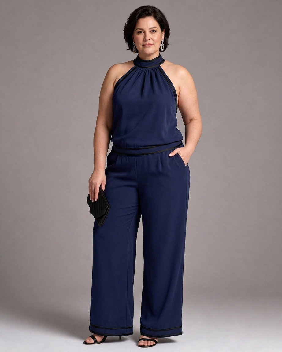 Saffron | Kontrastivärinen Halterneck Laaja Jumpsuit