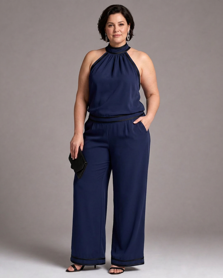 Saffron | Kontrastivärinen Halterneck Laaja Jumpsuit