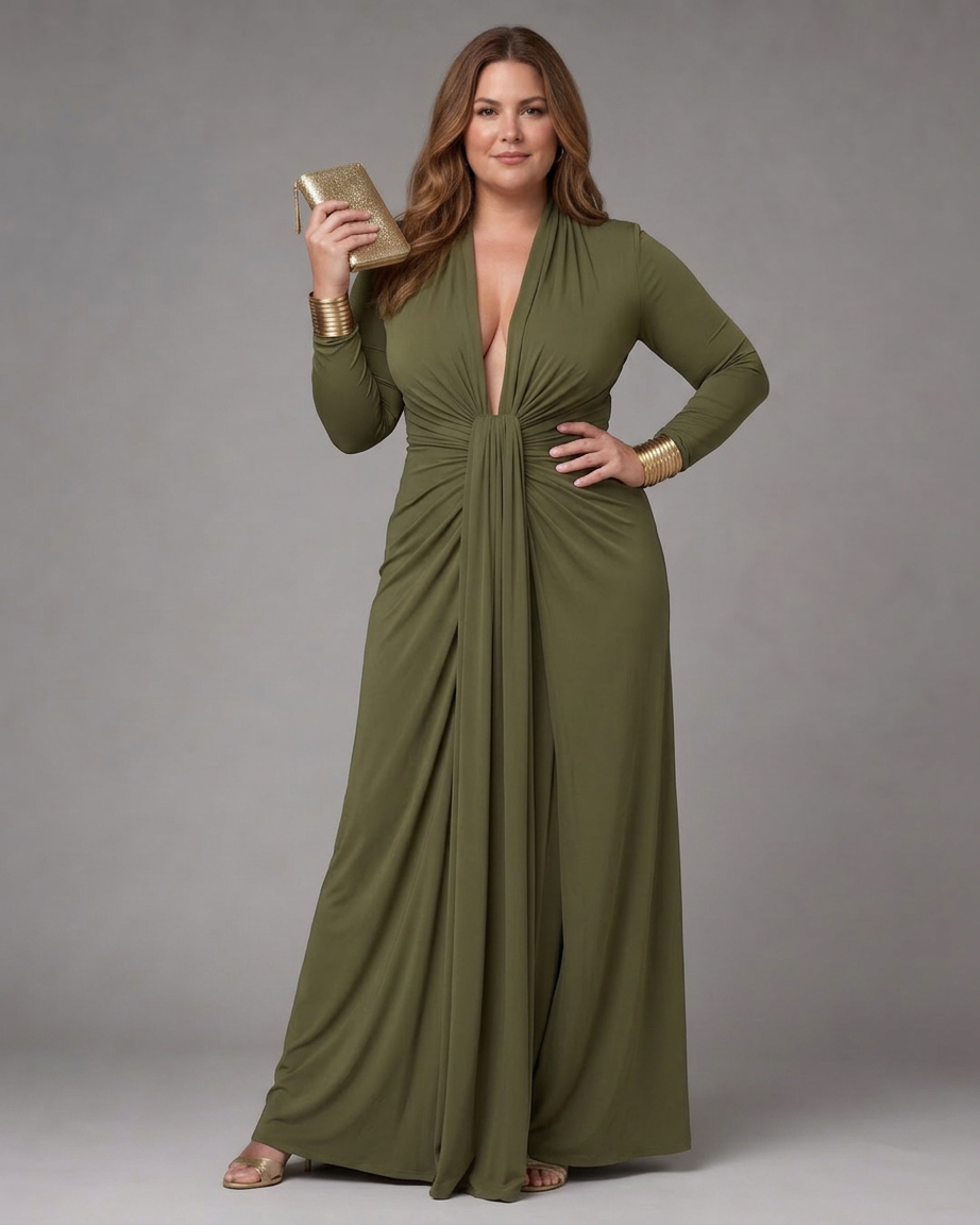 Vienne | Draped Deep V Neck Long Sleeve Maxi Dress