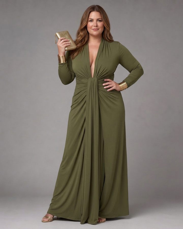Vienne | Draped Deep V Neck Long Sleeve Maxi Dress