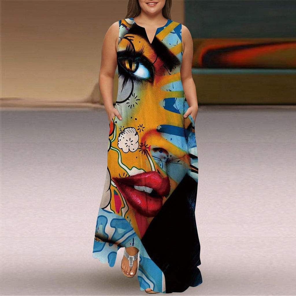 Eira | V-kauluksellinen Olkaimeton Pop Art Maxi Mekko
