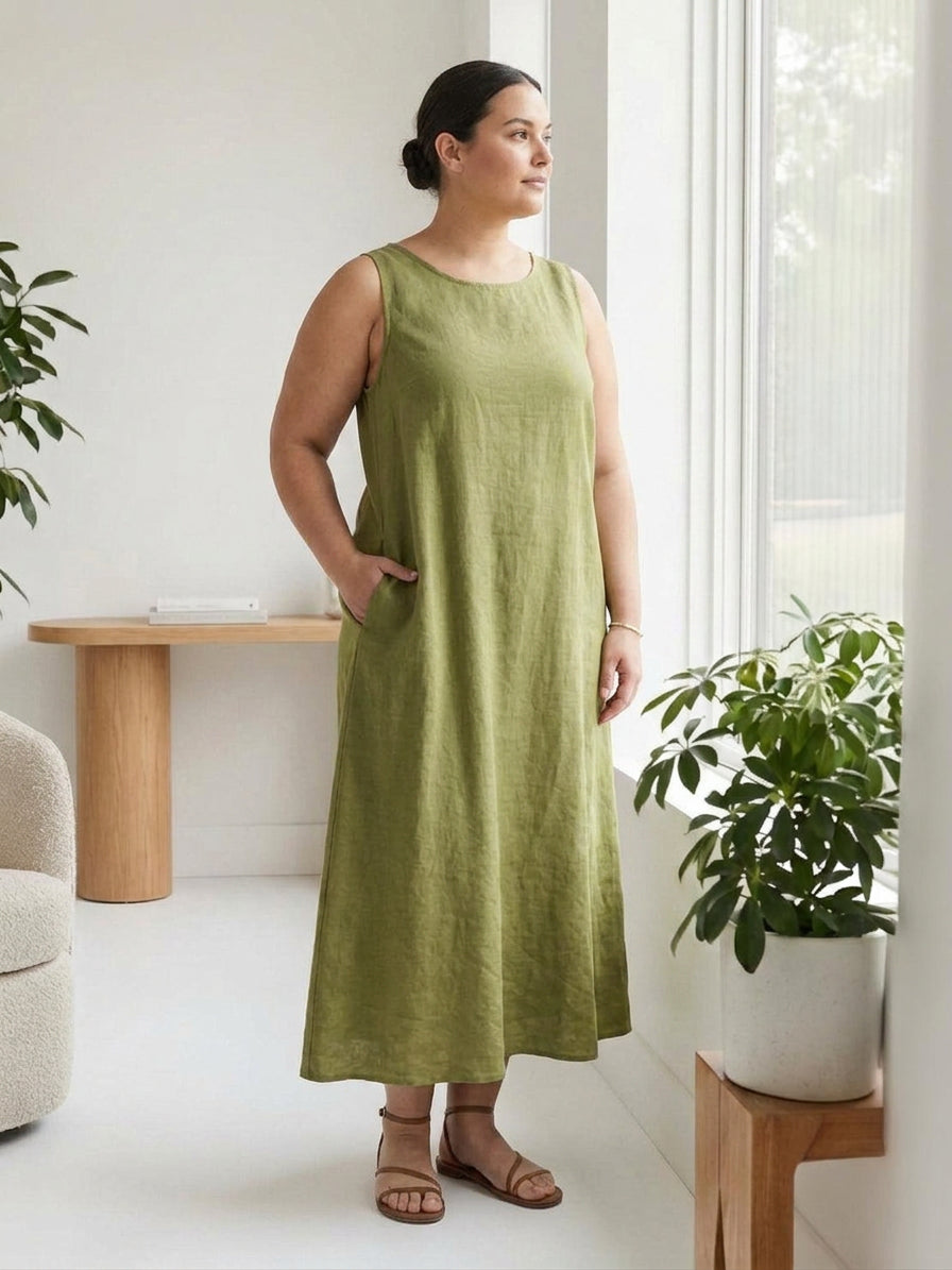 Marlow - Puuvilla Pellava Olkaimeton Mekko